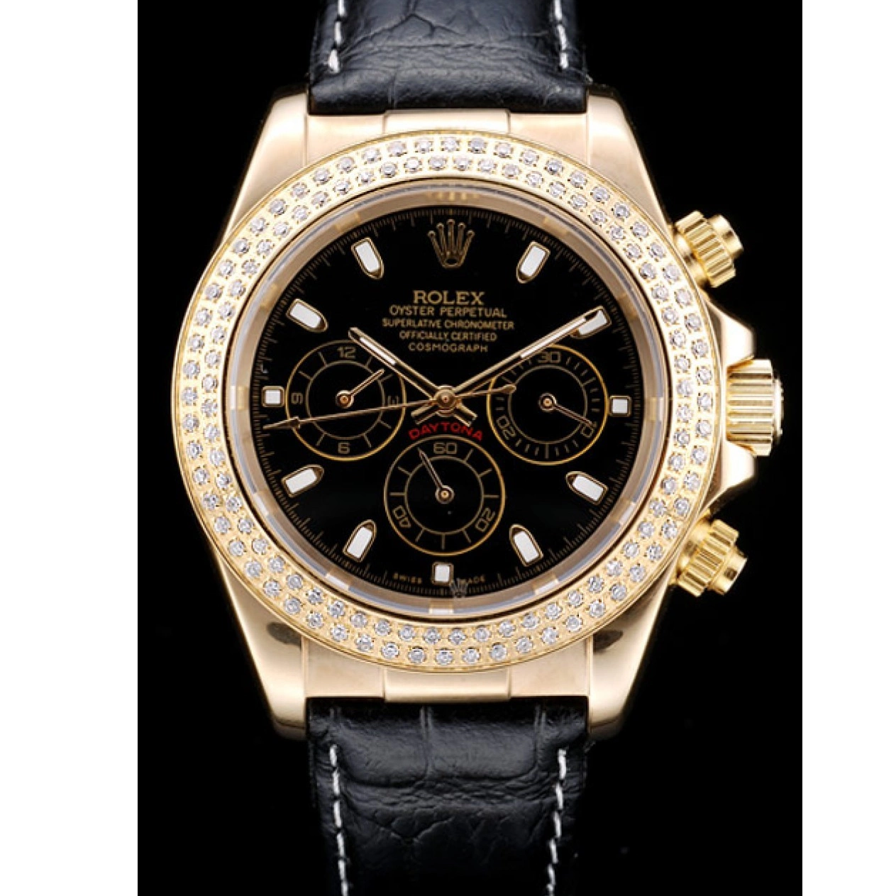 Aaa replica watch Crystal Daytona Dial Rolex Case Black Bezel Studded Gold 0707